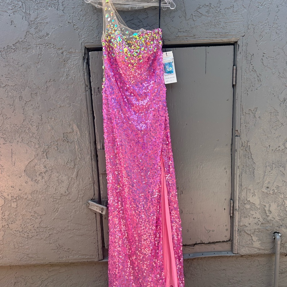 Pink Sequin One-Shoulder Gown